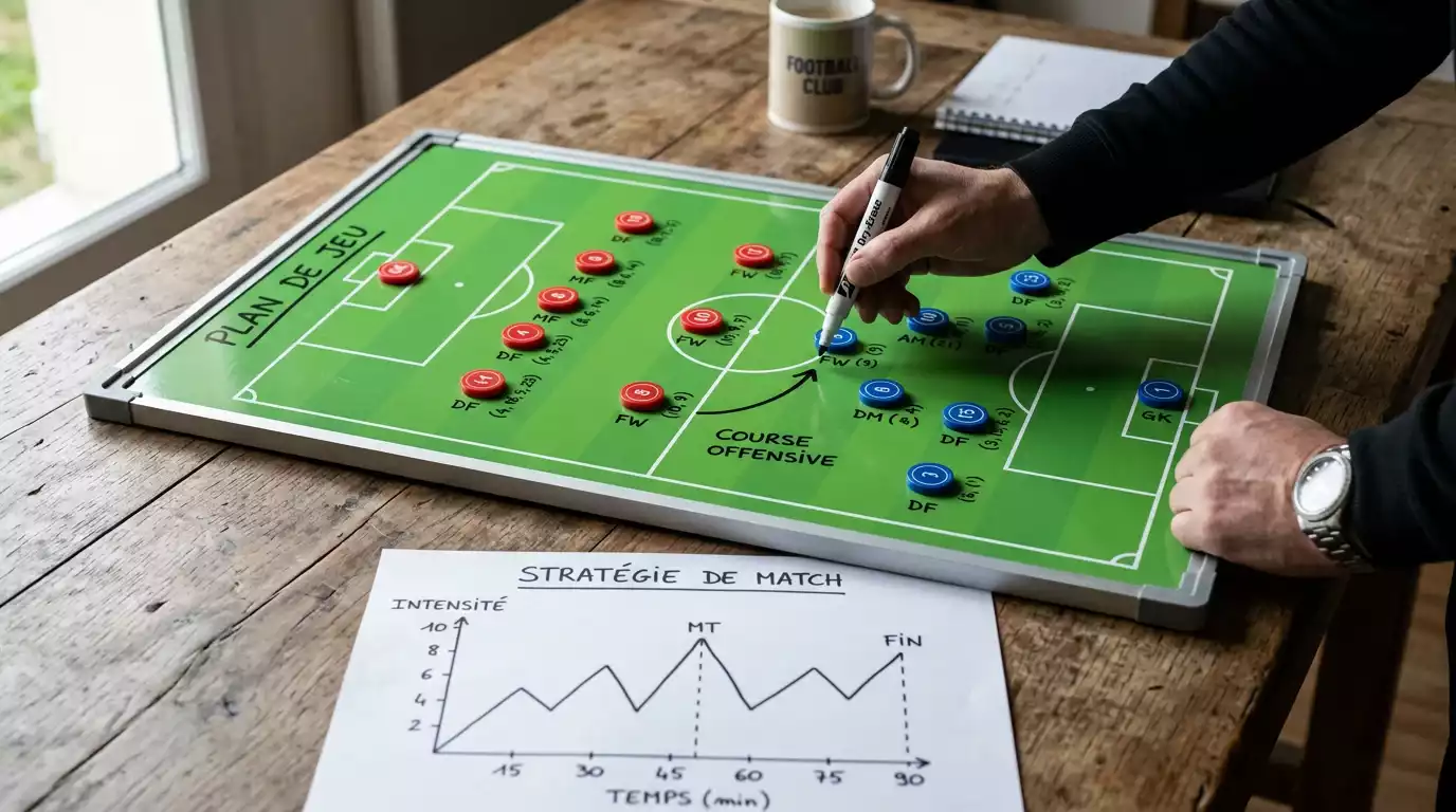 Tableau tactique avec schéma d'équipe et notes manuscrites pour préparer une analyse de match